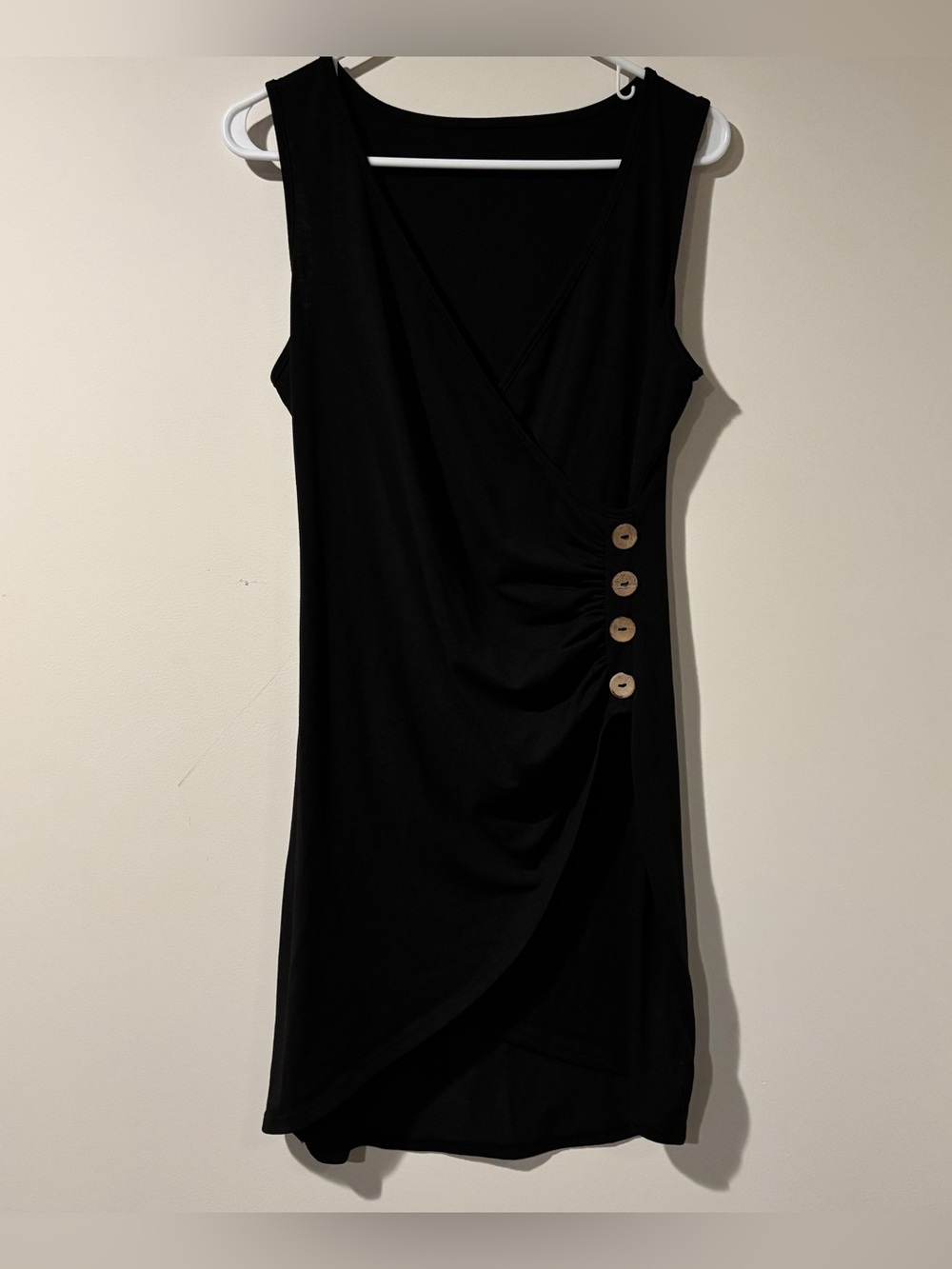 SHEIN Black Sleeveless Faux-Wrap Mini Dress with Side Button Detail